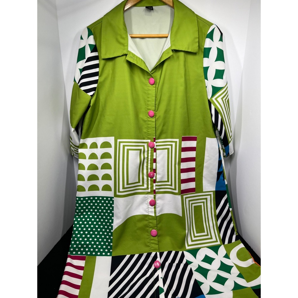 Shein Geometric Patchwork Print Button Front Midi Shirt Dress Green Multi L